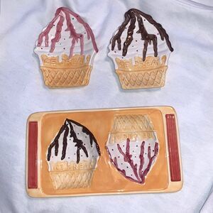 Ice Cream Novelty Serving Platter Plates Living Art 5 Piece Set Brown Pink White